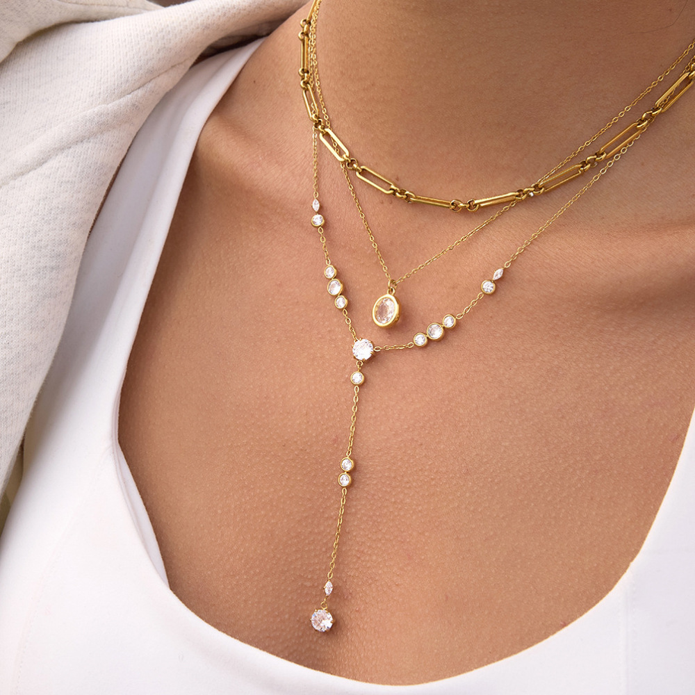 Colliers Pendentifs Pour Femmes En Acier Inoxydable Étanche, Couleur Or, En Forme De Y, Avec Zircon. Image5
