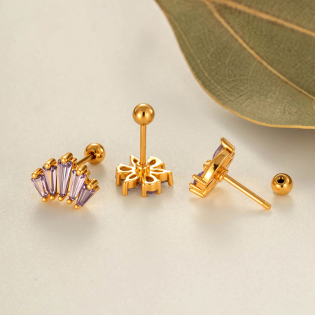 Boucles d'oreilles piercing femme, motif fleur, cœur et fruit, couleur cuivre doré et zircon. 2
