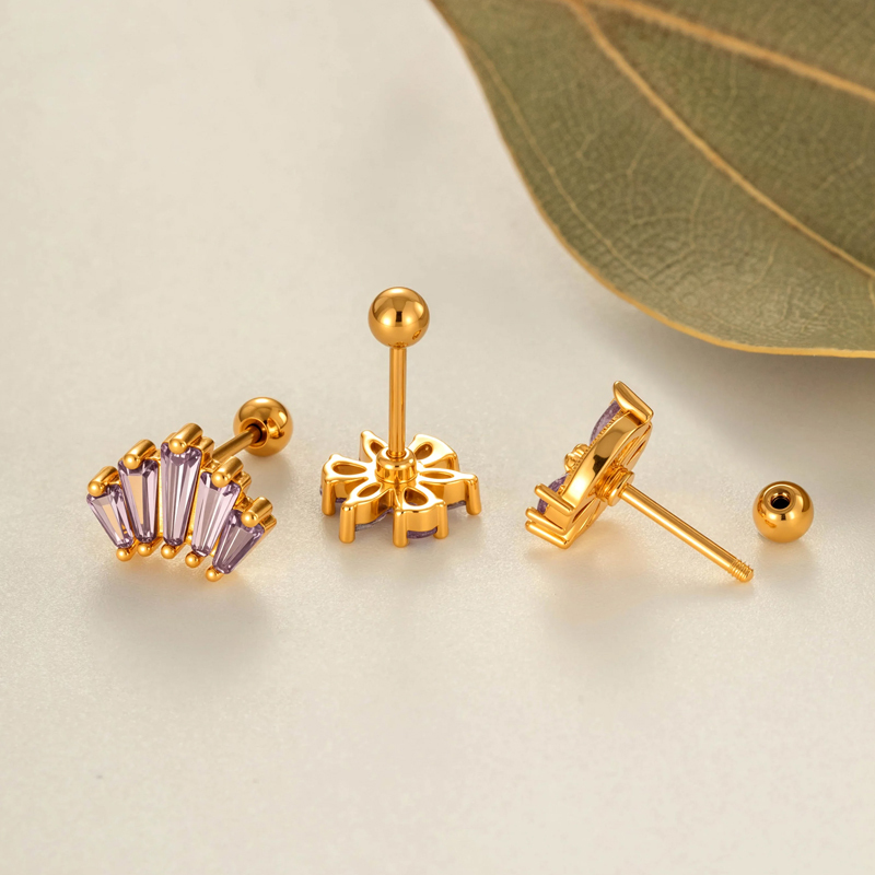 Boucles D'Oreilles Piercing Femme, Motif Fleur, Cœur Et Fruit, Couleur Cuivre Doré Et Zircon. h5Image3