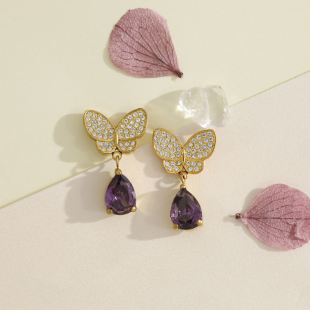 Boucles d'oreilles pendantes romantiques en acier inoxydable, imperméables, couleur or, avec papillon et cristaux. 2