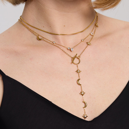 Colliers à maillons pour femmes, luxueux, rétro, en acier inoxydable, étanches, couleur or, ornés de zircon, motif étoile et lune 2