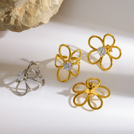 Ensembles de bijoux pour femmes en acier inoxydable doré, imperméables, ornés de strass et de fleurs romantiques