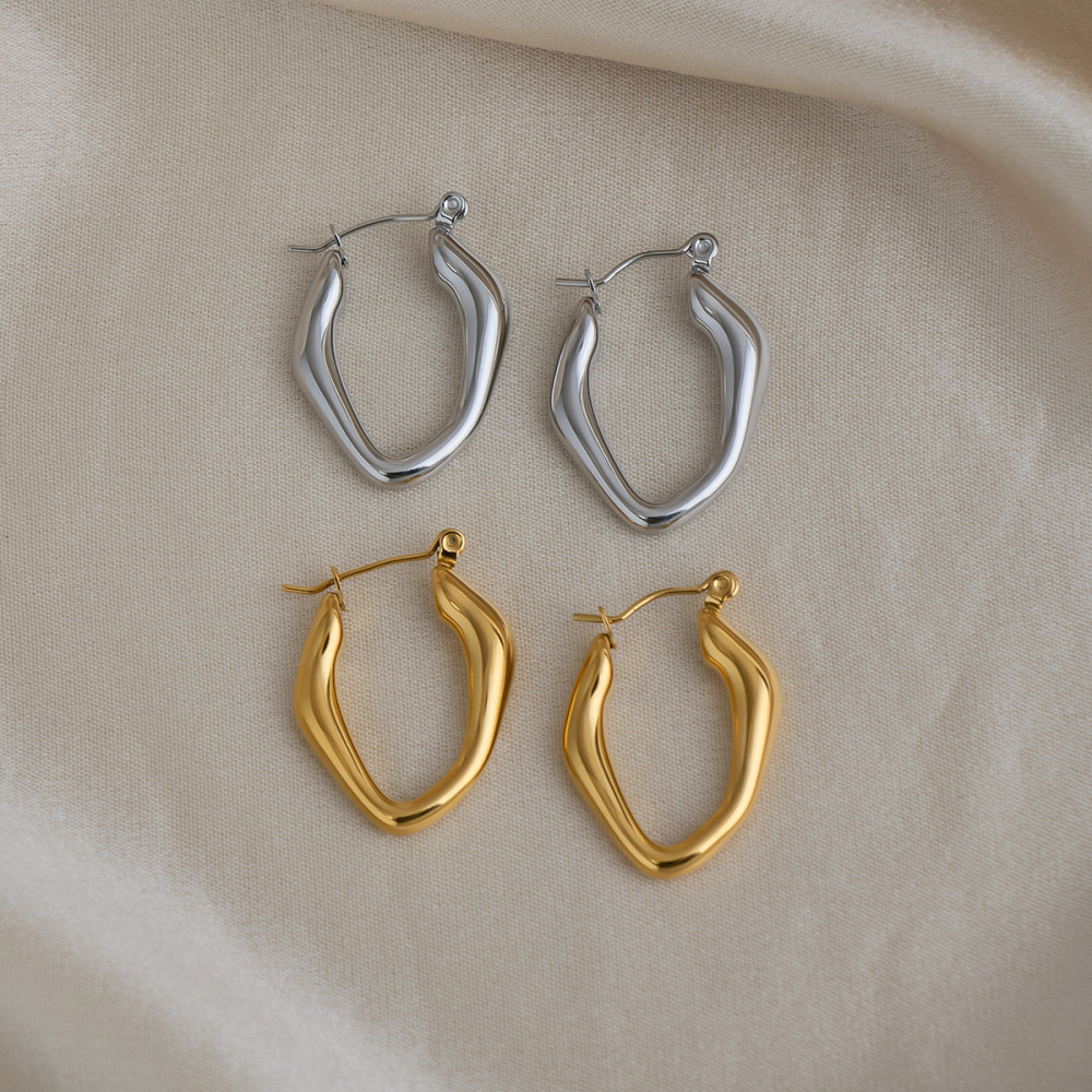 Boucles D'Oreilles Créoles Minimalistes Irrégulières En Acier Inoxydable Imperméable Couleur Or Pour Femmes Image2