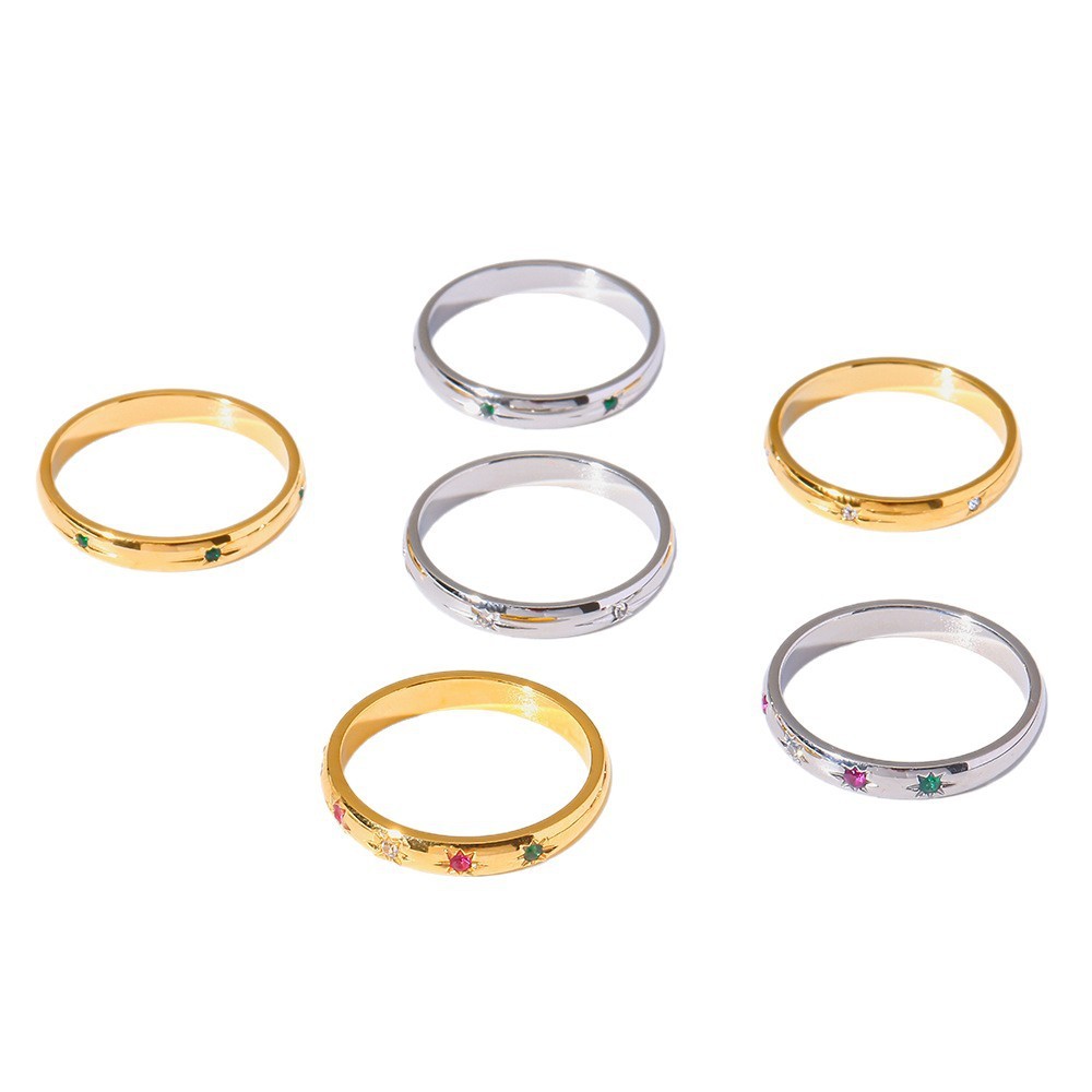 Bagues Simples Daily Star Circle En Acier Inoxydable Étanche Couleur Or Avec Zircon Image5
