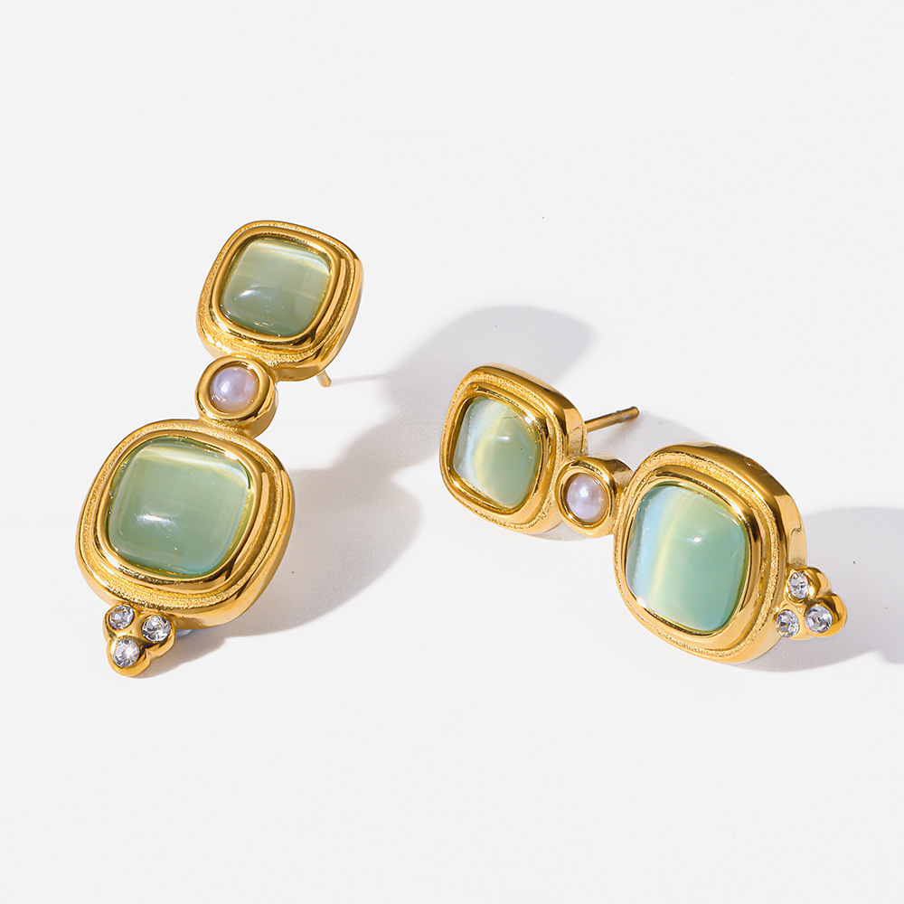 Boucles D'Oreilles Puces Élégantes Et Luxueuses Pour Femmes, De Forme Rectangulaire, En Acier Inoxydable Étanche, Couleur Or, Ornées De Zircon. Image4