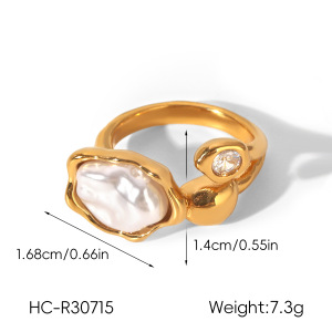 Bagues Pour Femmes En Acier Inoxydable De Forme Irrégulière Rétro, Étanches, Couleur Or, Zircon Et Perle. h5 Image2