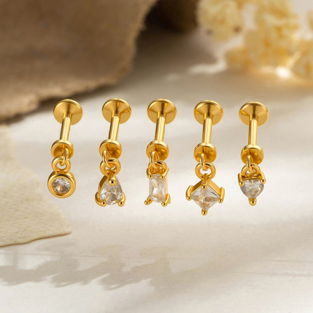 Boucles d'oreilles piercing rectangulaires pour femmes, couleur cuivre doré, avec zircon.