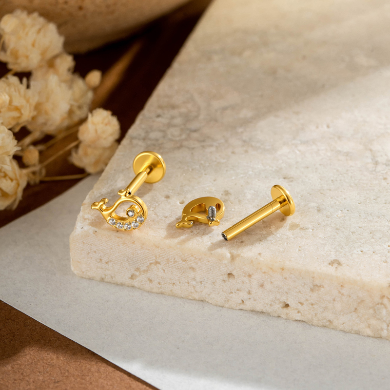 Boucles D'Oreilles Piercing Femme, Luxueuses, Simples Et Irrégulières, En Alliage De Titane Doré Avec Zircon. Image7