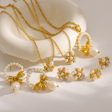 Ensembles de bijoux pour femmes luxueux et élégants, ornés d'un nœud papillon, en acier inoxydable imperméable, couleur or, zircon et perles artificielles.