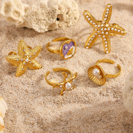Bagues romantiques en acier inoxydable, couleur or, étanches, style tortue et étoile de mer, collection vacances. 2