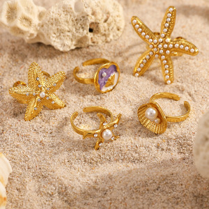 Bagues Romantiques En Acier Inoxydable, Couleur Or, Étanches, Style Tortue Et Étoile De Mer, Collection Vacances. h5 Image2