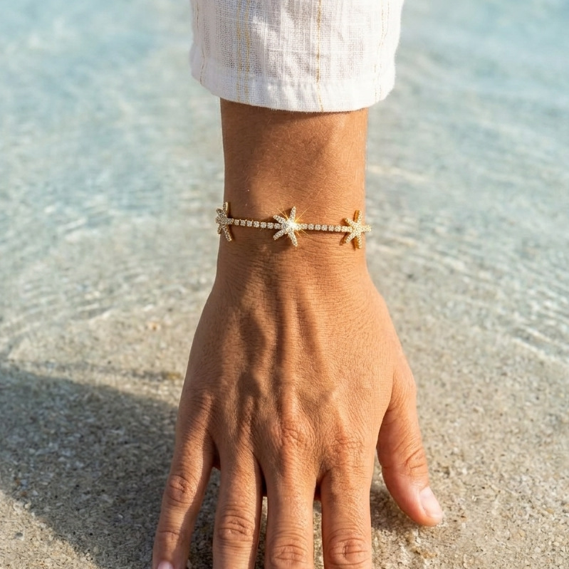 Bracelet Chaîne Femme En Acier Inoxydable, Imperméable, Couleur Or, Avec Zircon Et Motif Étoile De Mer Image4