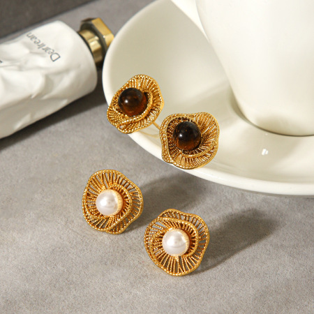 Boucles d'oreilles puces pour femmes, style rétro simple, en acier inoxydable, étanches, couleur or, avec pierre naturelle et perle. 2