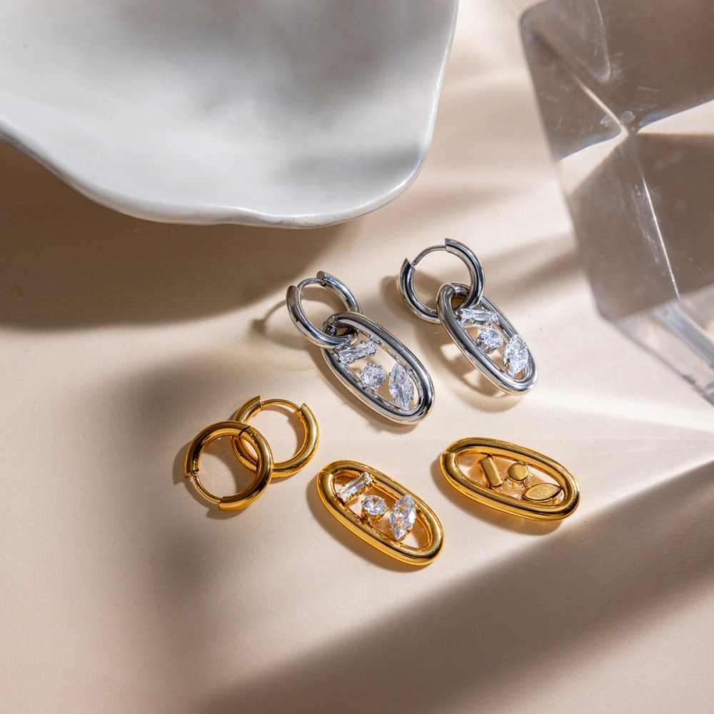 Boucles D'Oreilles Pendantes Pour Femmes, En Acier Inoxydable Imperméable, Couleur Or, Forme Simple Et Irrégulière, Serties De Zircon. Image3