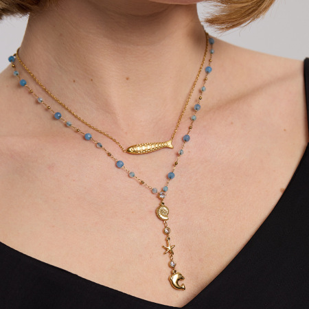 Colliers pendentifs pour femmes, luxueux, en acier inoxydable, ornés de zircon et de motifs de poissons, tortues et étoiles de mer, plaqués or 18 carats. 2