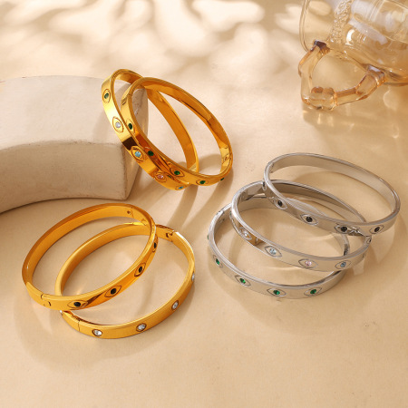 Bracelet jonc pour femme en acier inoxydable étanche, forme œil de diable, couleur or et zircon