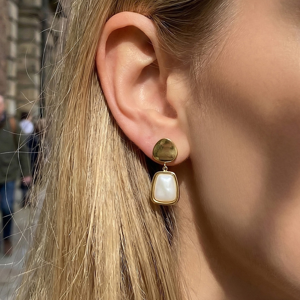 Boucles D'Oreilles Pendantes Élégantes Rectangulaires En Acier Inoxydable, Étanches, Couleur Or, En Forme De Coquillage, Pour Femmes h5Image3