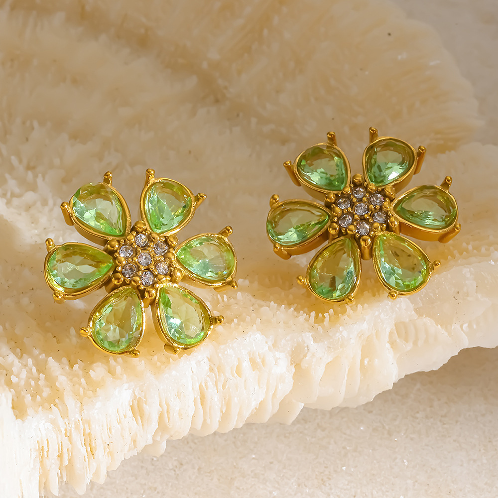 Boucles D'Oreilles Puces Pour Femmes, Luxueuses Et Élégantes, En Acier Inoxydable, Étanches, Couleur Or, Ornées De Zircon Et D'Un Motif Floral. Image2