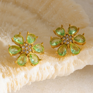 Boucles D'Oreilles Puces Pour Femmes, Luxueuses Et Élégantes, En Acier Inoxydable, Étanches, Couleur Or, Ornées De Zircon Et D'Un Motif Floral. h5 Image2