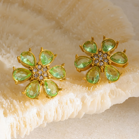 Boucles d'oreilles puces pour femmes, luxueuses et élégantes, en acier inoxydable, étanches, couleur or, ornées de zircon et d'un motif floral. 2