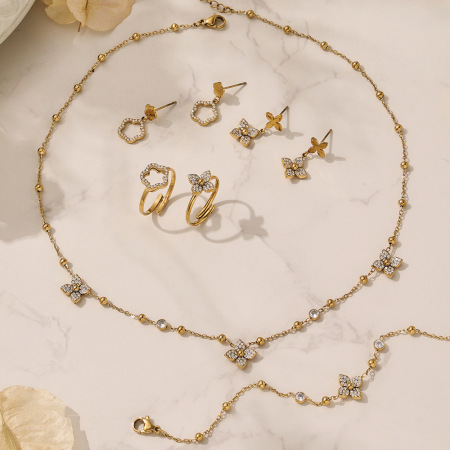 Boucles d'oreilles pendantes pour femme, style classique floral, en acier inoxydable, étanches, couleur or et zircon. 2