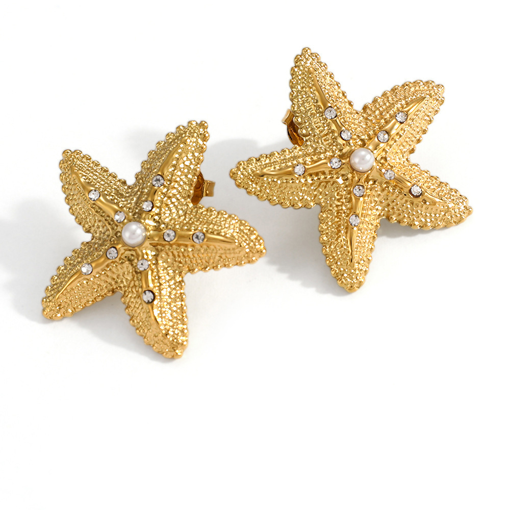 Boucles D'Oreilles Puces Pour Femmes, Collection Romantique, Motif Étoile De Mer, En Acier Inoxydable Étanche, Couleur Or. Image5