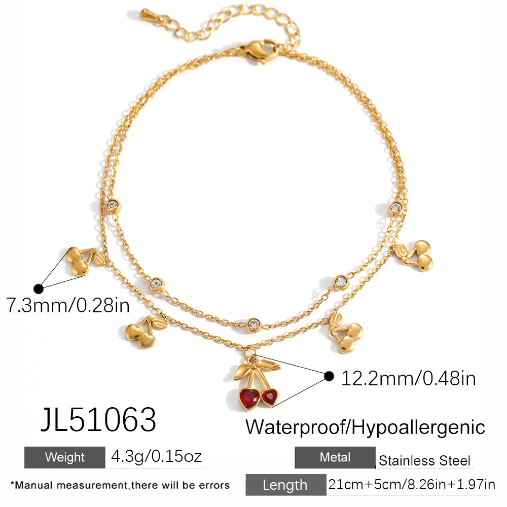 Bracelet De Cheville Sweet Cherry En Acier Inoxydable Étanche Couleur Or Avec Strass