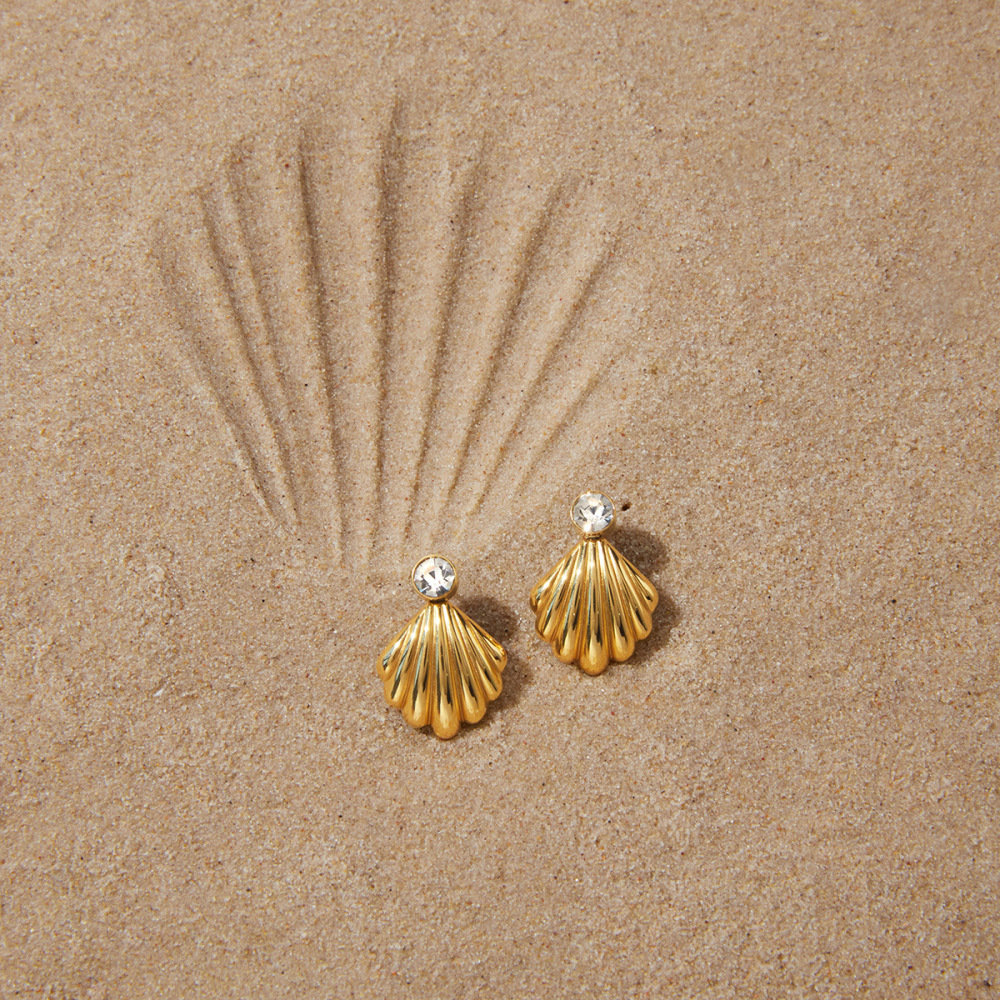 Boucles D'Oreilles Puces Pour Femmes En Acier Inoxydable, Imperméables, Couleur Or, Avec Zircon Et Motif Coquillage. Image5