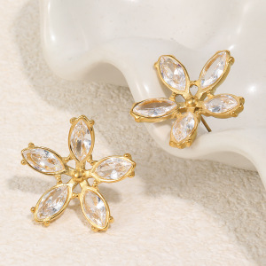 Boucles D'Oreilles Puces Pour Femmes Sweet Flower En Acier Inoxydable Étanche Couleur Or Et Zircon h5 Image3