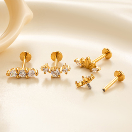 Boucles d'oreilles piercing pour femme, luxueuses, simples, en forme de cœur et de fleur, en acier inoxydable étanche, couleur or et zircon. 2