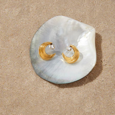 Boucles d'oreilles puces pour femmes, en acier inoxydable, couleur or, avec zircon, style simple lune