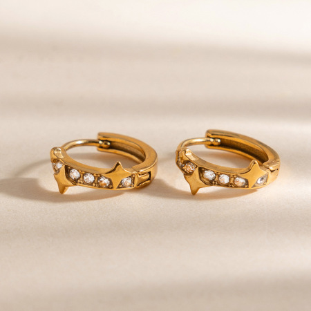 Boucles d'oreilles créoles pour femmes Simple Star en acier inoxydable étanche couleur or avec zircon