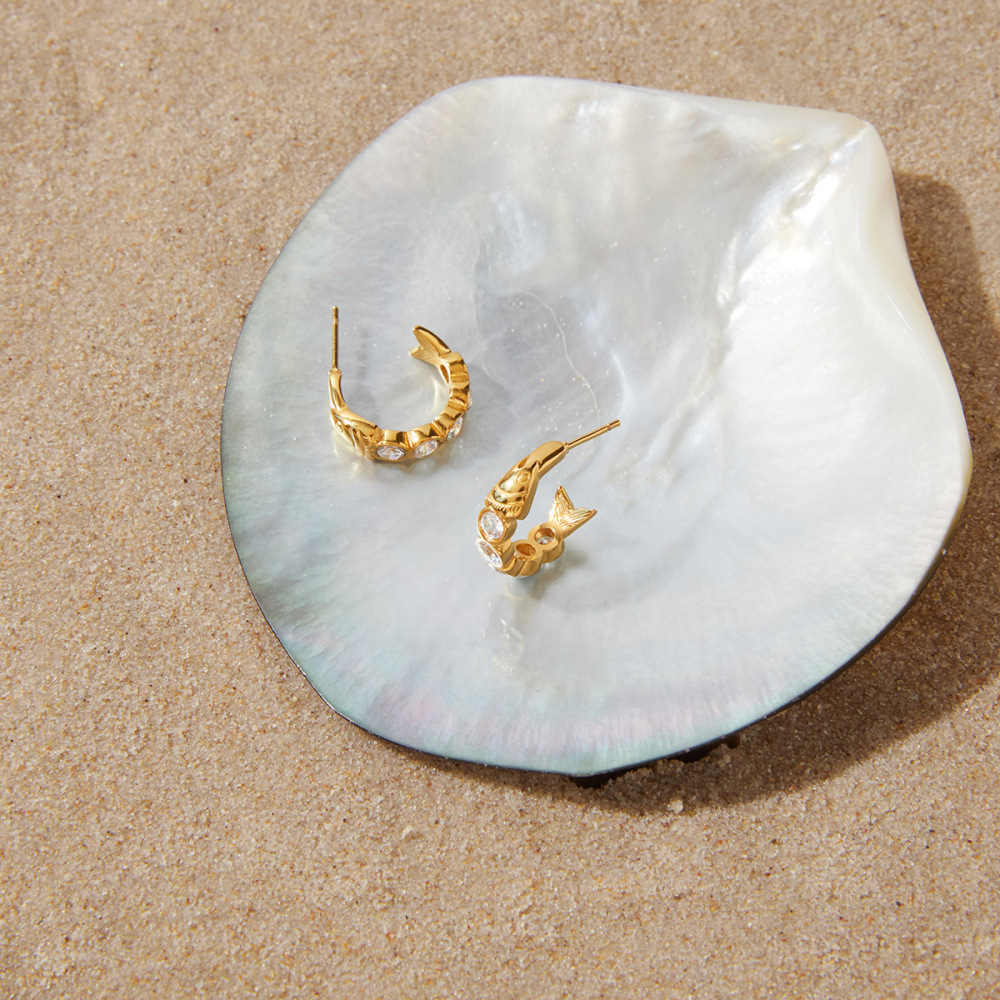 Boucles D'Oreilles Puces Pour Femmes En Acier Inoxydable, Forme Poisson, Couleur Or, Étanches, Avec Zircon. Image3