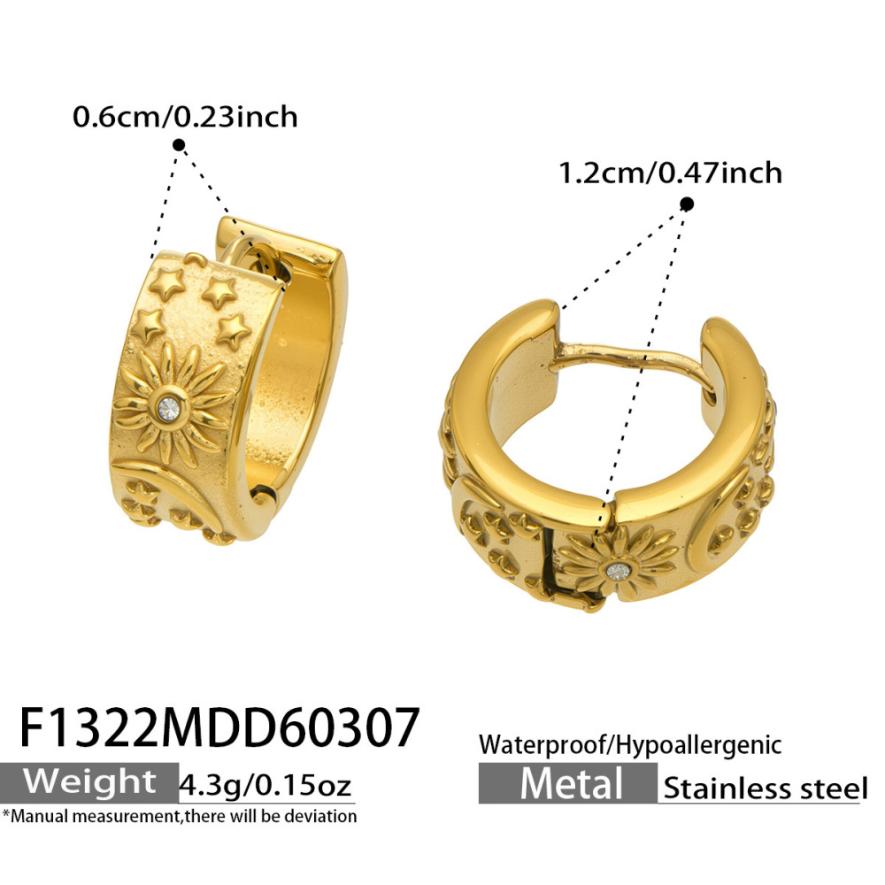 Boucles D'Oreilles Créoles Élégantes Pour Femmes, En Acier Inoxydable Doré Avec Zircon, Motif Soleil, Étoile Et Lune Image2