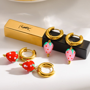 Boucles D'Oreilles Créoles Pour Femmes, En Acier Inoxydable, Couleur Or, Motif Fraise Douce h5 Image2