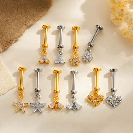 Boucles d'oreilles piercing femme en forme de cœur, couleur cuivre doré, avec zircon. 2