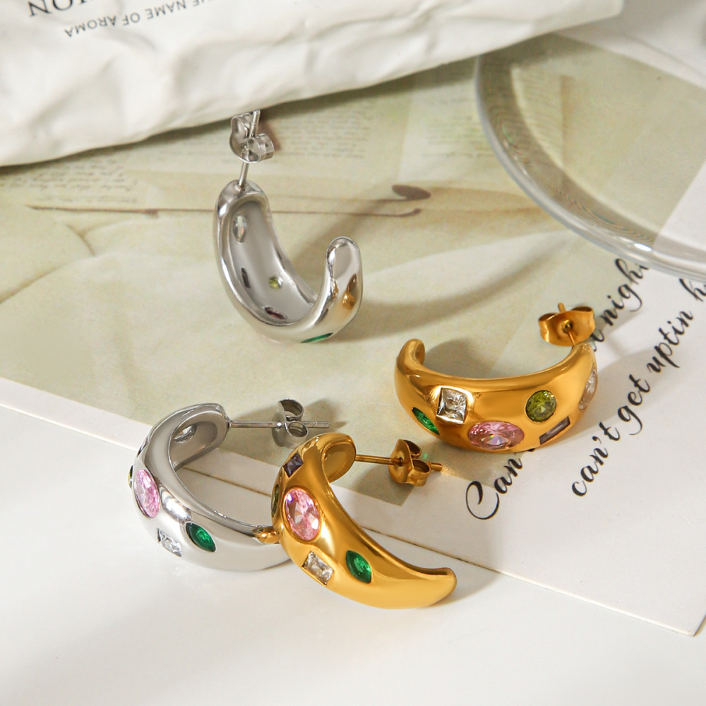 Boucles D'Oreilles Puces Pour Femmes, En Acier Inoxydable Imperméable, Couleur Or, Avec Zircon, Pour Un Usage Quotidien Image3