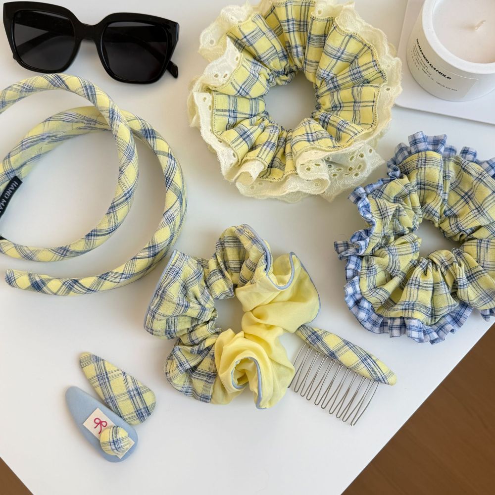 Chouchous Pour Femmes En Tissu À Carreaux Jaunes Romantiques Image5