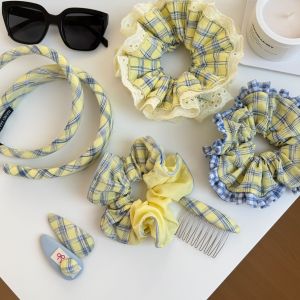 Chouchous Pour Femmes En Tissu À Carreaux Jaunes Romantiques h5 Image5