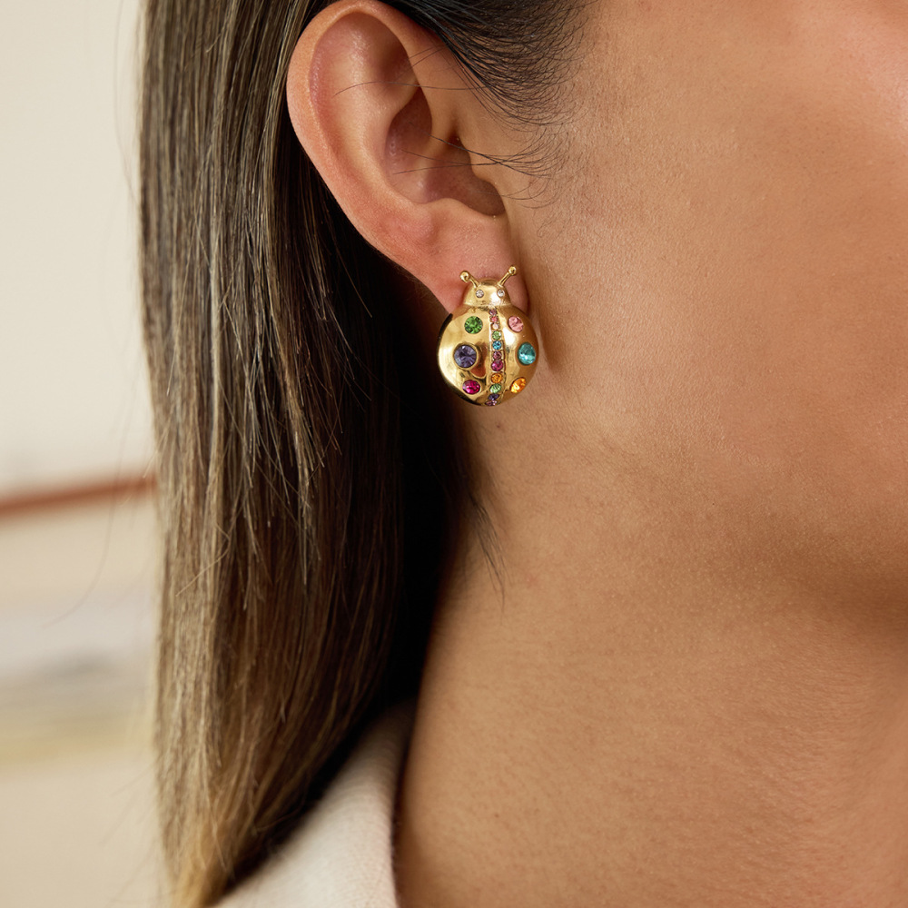 Boucles D'Oreilles Puces Pour Femmes, En Acier Inoxydable Doré, Imperméables, En Forme D'Insectes Mignons, Ornées De Strass. Image2