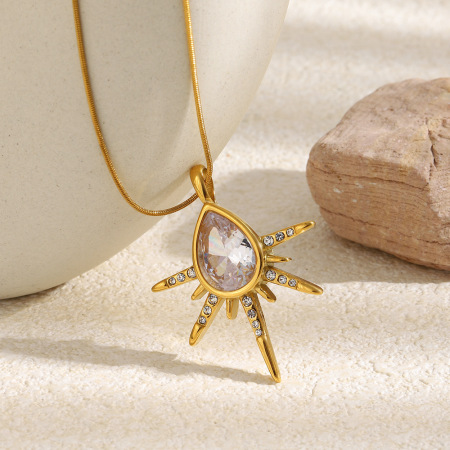 Colliers pendentifs pour femmes en acier inoxydable doré, forme soleil rétro, étanches, avec zircon.