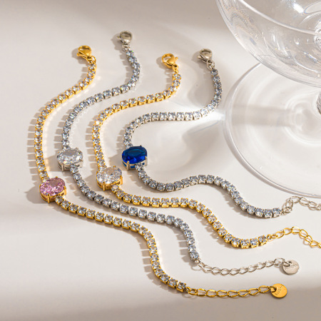 Bracelet chaîne élégant et luxueux en acier inoxydable, forme elliptique, couleur or, avec zircon, pour femme.