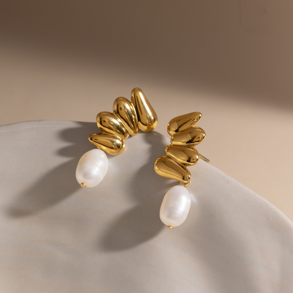 Boucles D'Oreilles Pendantes Élégantes Pour Femmes, En Acier Inoxydable Étanche, Couleur Or, Avec Perles. Image4