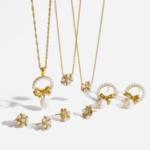 Ensembles De Bijoux Pour Femmes Luxueux Et Élégants, Ornés D'Un Nœud Papillon, En Acier Inoxydable Imperméable, Couleur Or, Zircon Et Perles Artificielles. h5 Image4