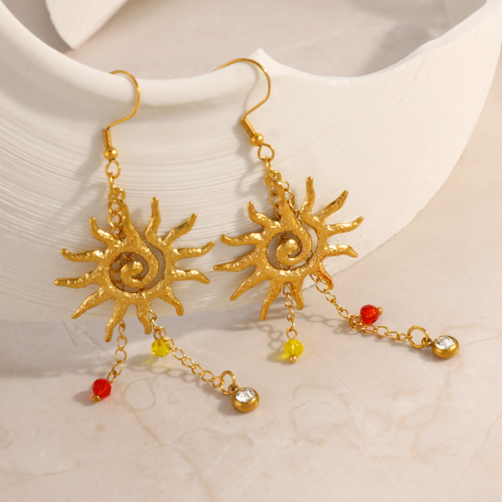 Boucles D'Oreilles Pendantes Pour Femme, En Acier Inoxydable Doré, Imperméables, En Forme De Soleil, Ornées De Strass. Image2