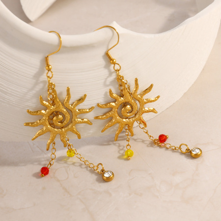Boucles d'oreilles pendantes pour femme, en acier inoxydable doré, imperméables, en forme de soleil, ornées de strass. 2