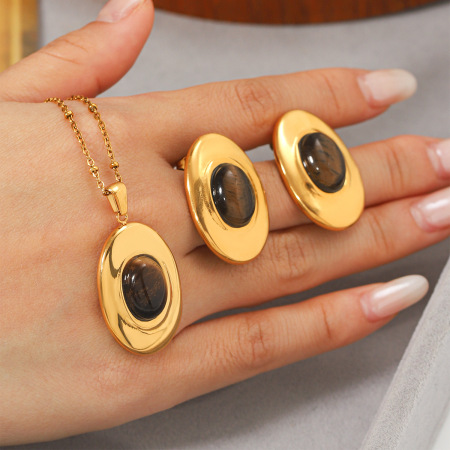 Ensemble de colliers pour femmes en acier inoxydable rétro, étanche, couleur or et pierre naturelle