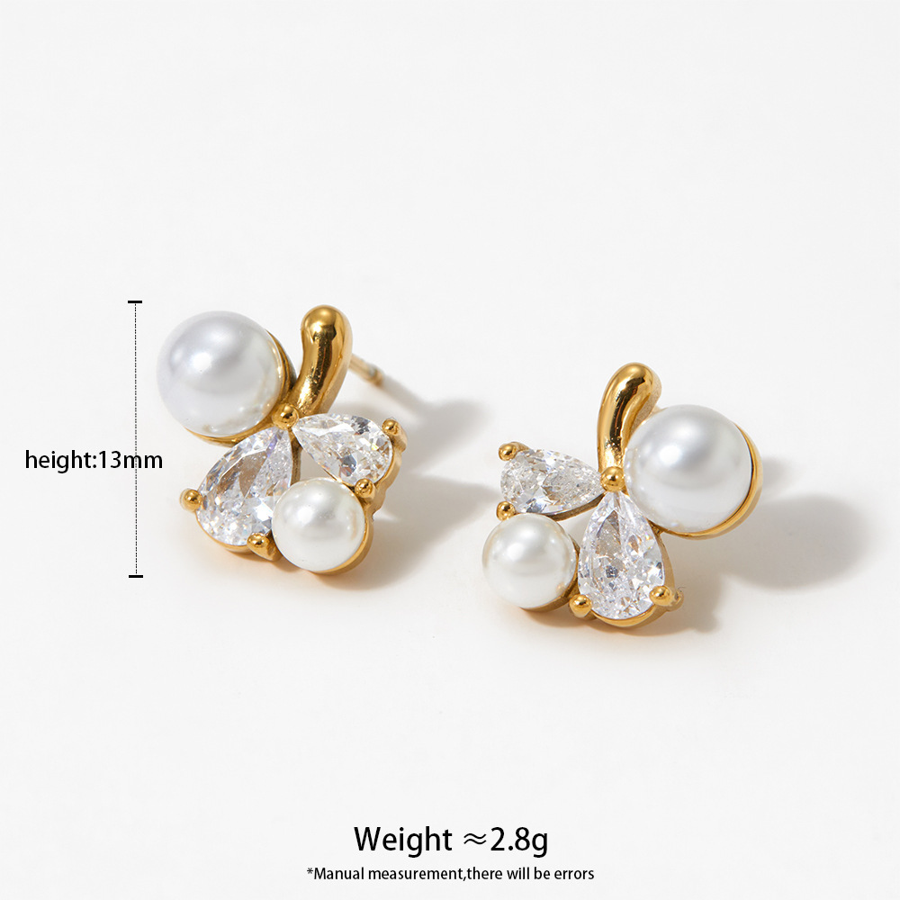 Boucles D'Oreilles Puces Pour Femme, Style Romantique Et Élégant, En Acier Inoxydable, Étanches, Couleur Or, Avec Zircon. Image2