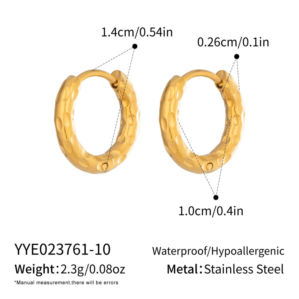 Boucles D'Oreilles Créoles Pour Femmes En Acier Inoxydable Imperméable, Motif Martelé Circulaire Simple, Couleur Or 