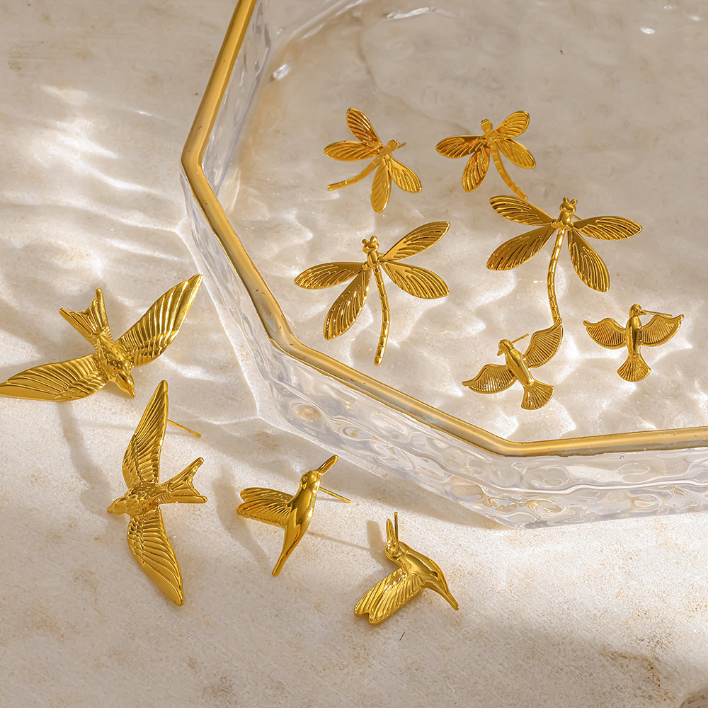 Boucles D'Oreilles Puces Pour Femmes En Acier Inoxydable, Couleur Or, En Forme D'Oiseau Image3